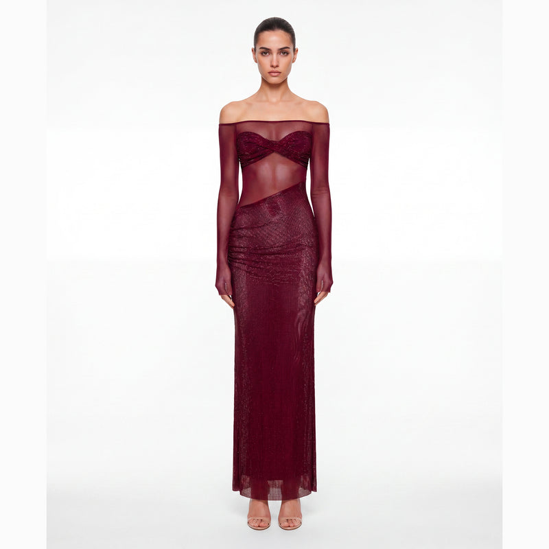 Abito lungo burgundy con scollo a fascia con cristalli in mesh