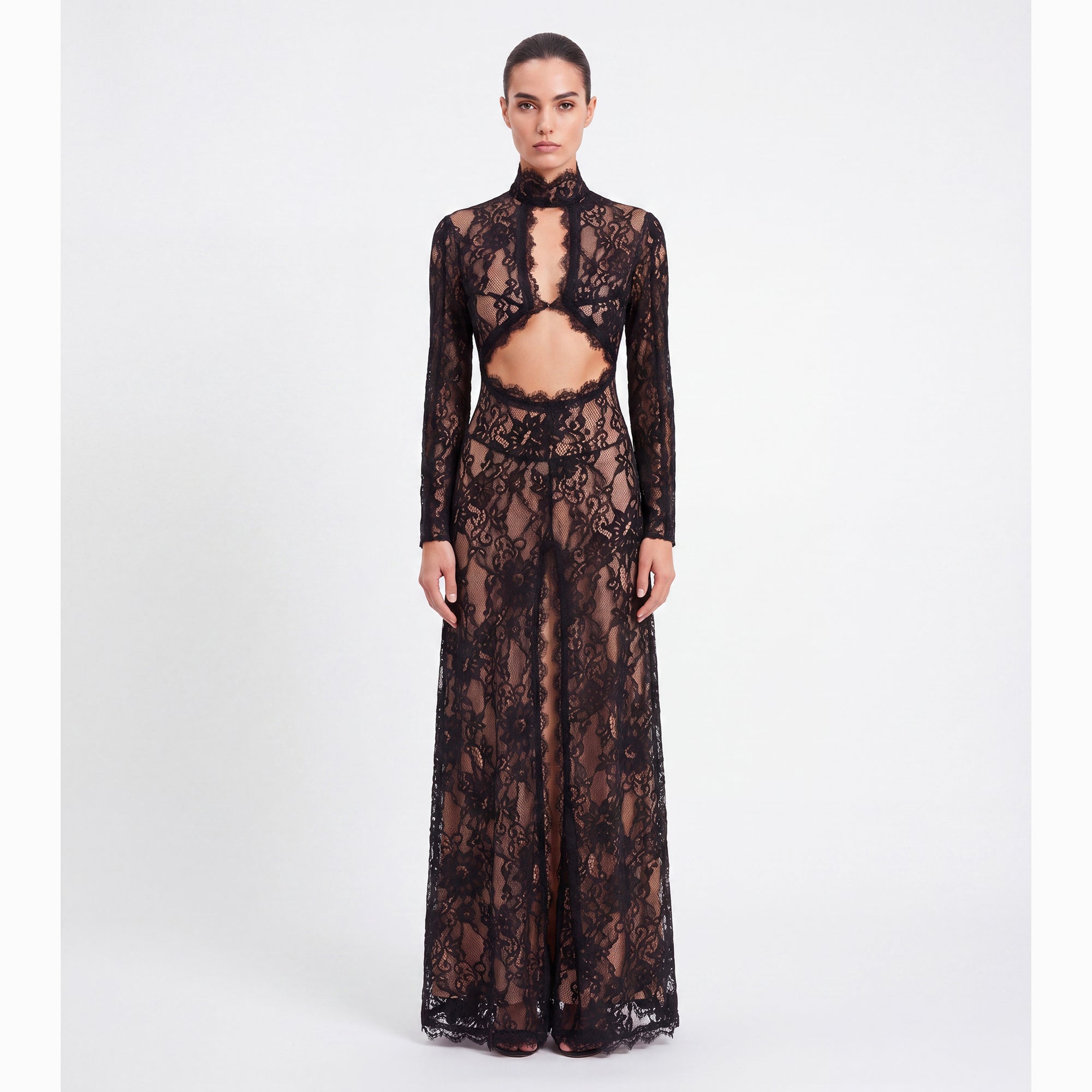 Abito lungo nero con cutouts in pizzo