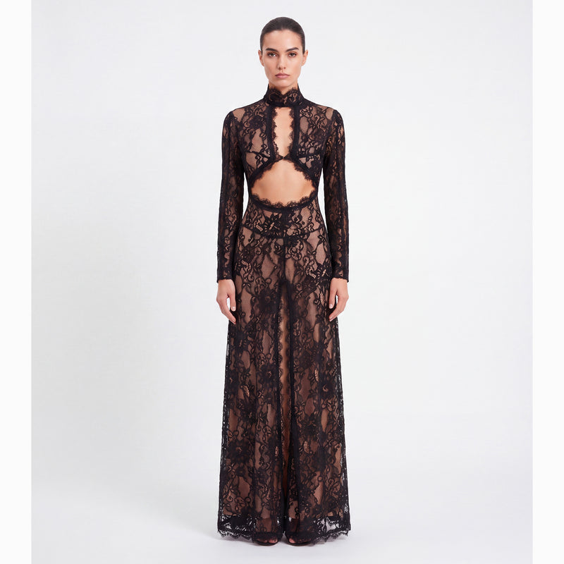 Abito lungo nero con cutouts in pizzo
