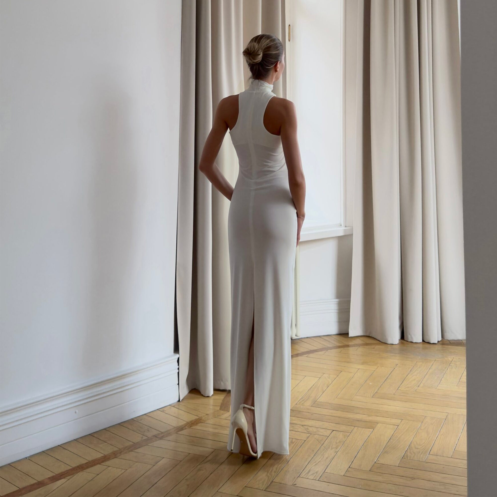 White halter neck dress