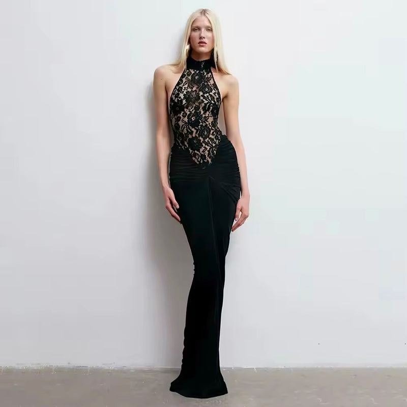 Black halter neck lace dress