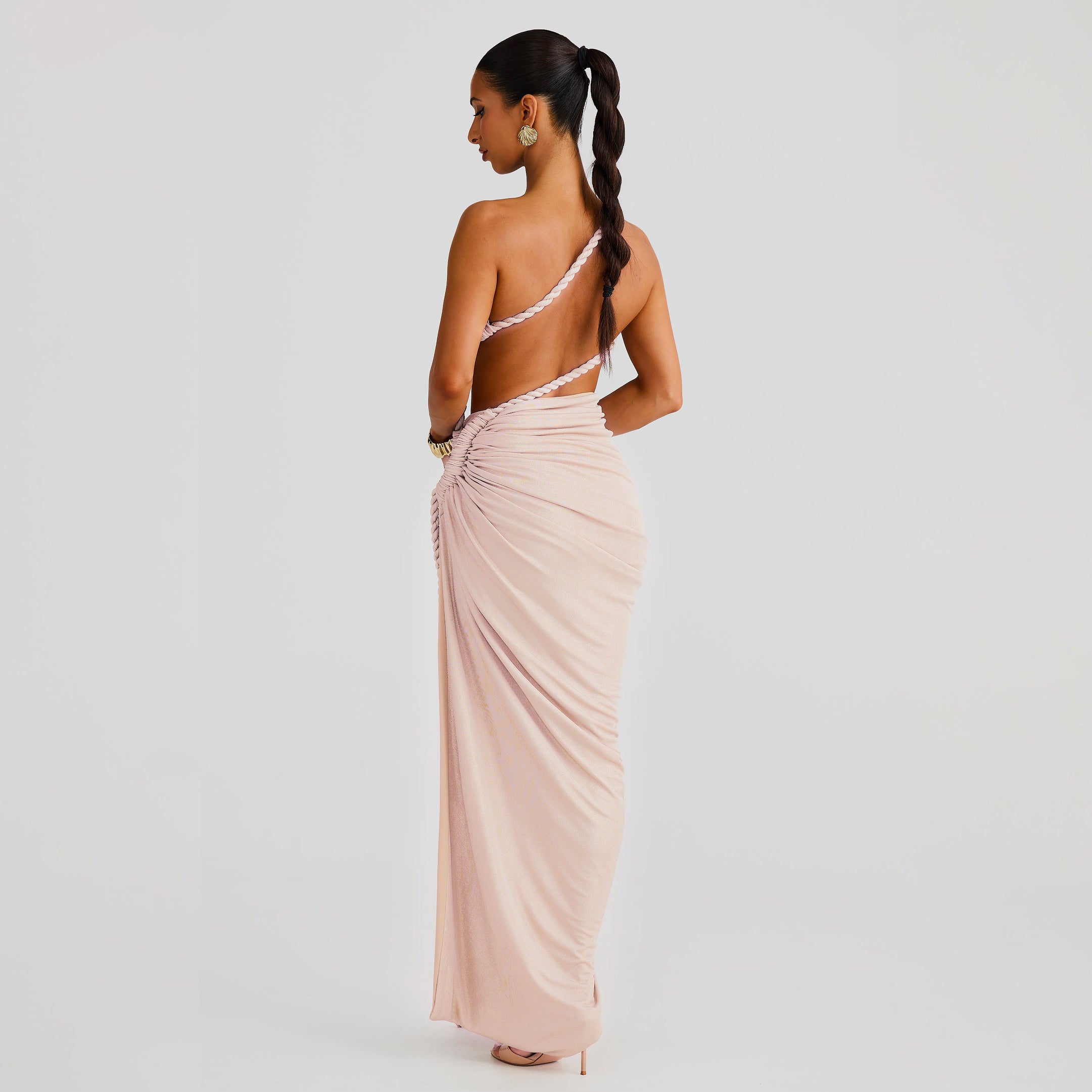 Light pink one sleeve rope midi dress