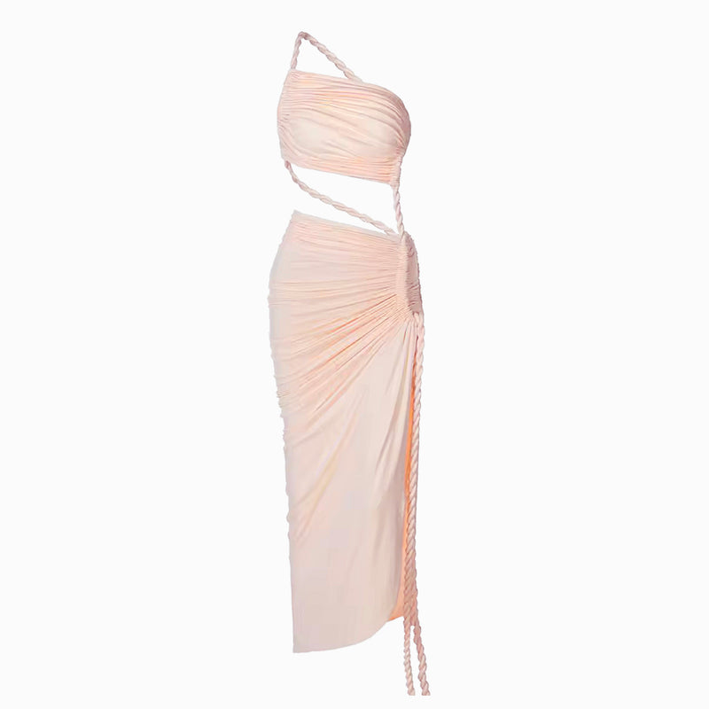 Light pink one sleeve rope midi dress