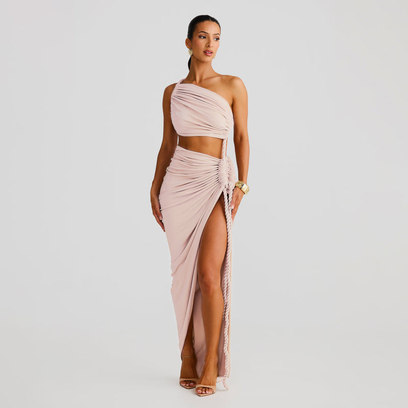 Light pink one sleeve rope midi dress