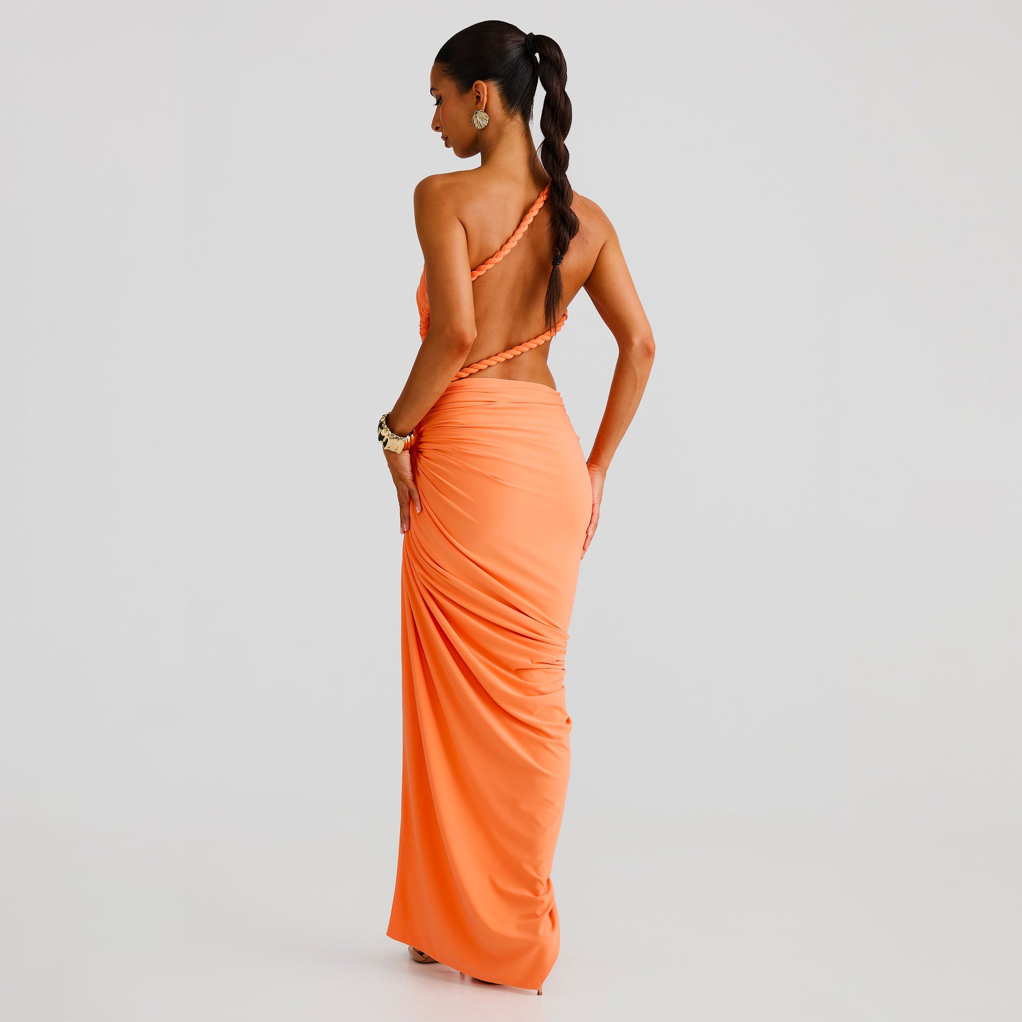 Orange one sleeve rope midi dress
