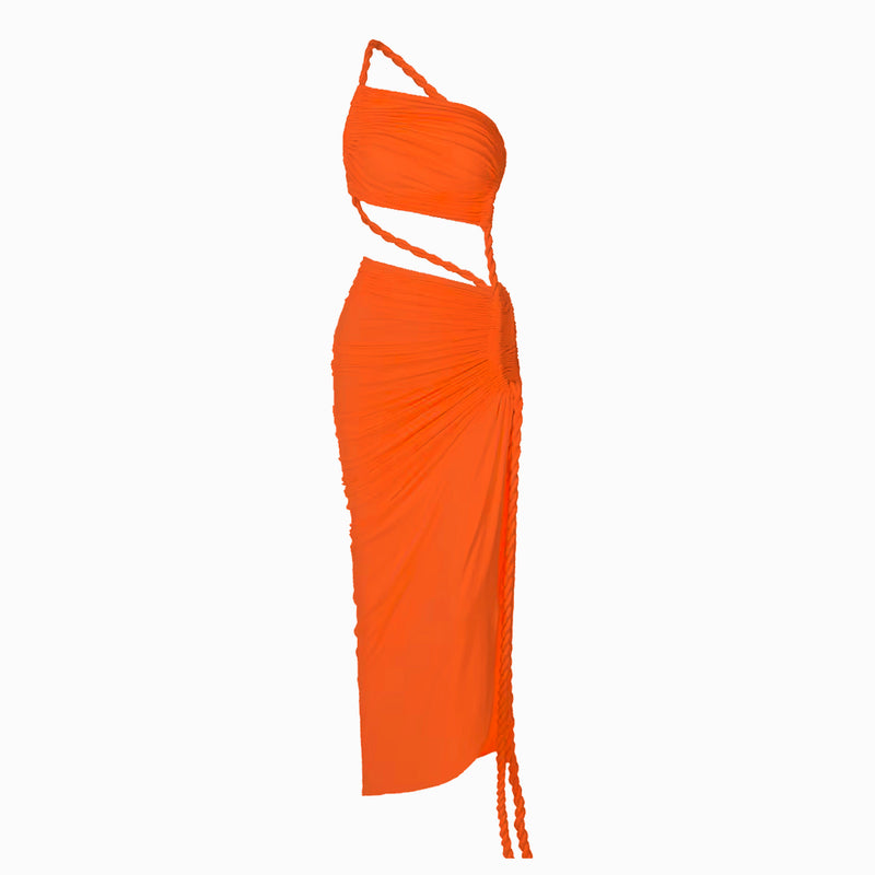 Orange one sleeve rope midi dress