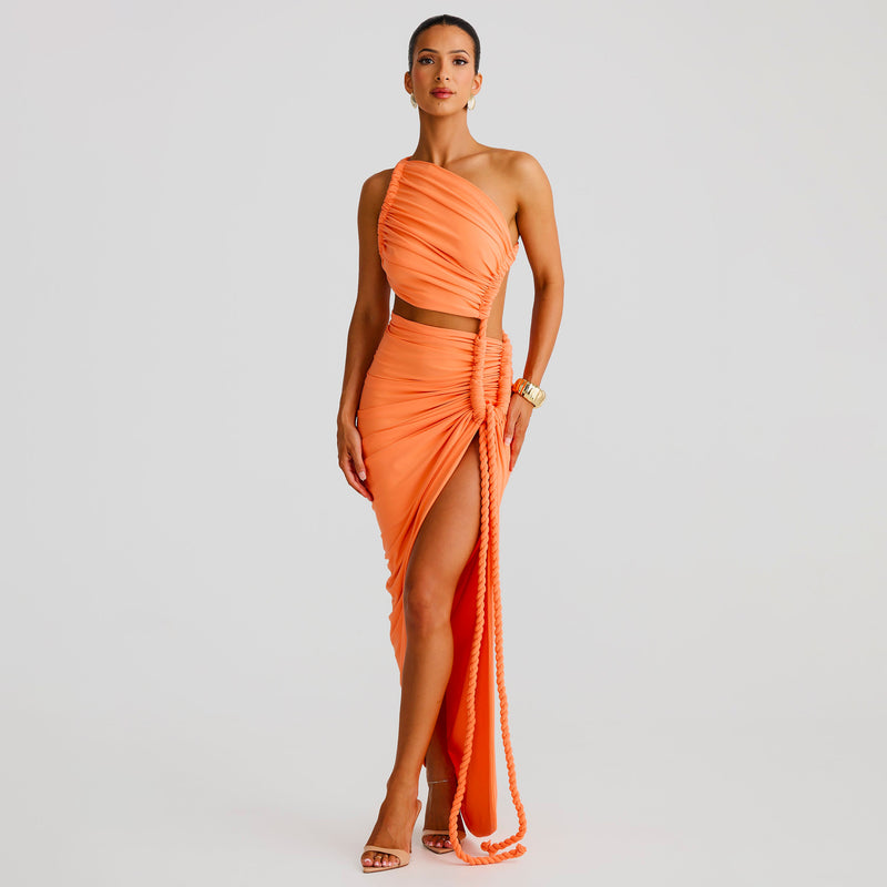 Orange one sleeve rope midi dress