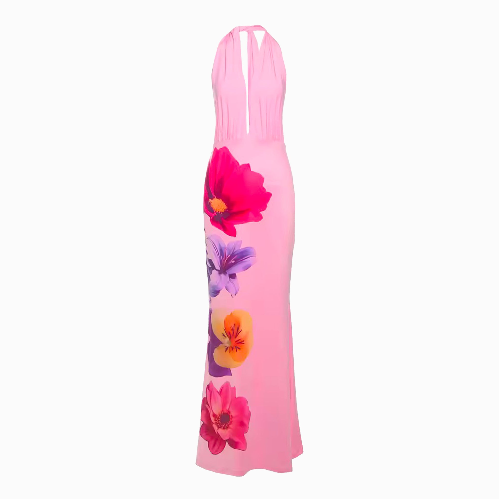 Pink V neck printed jersey dress
