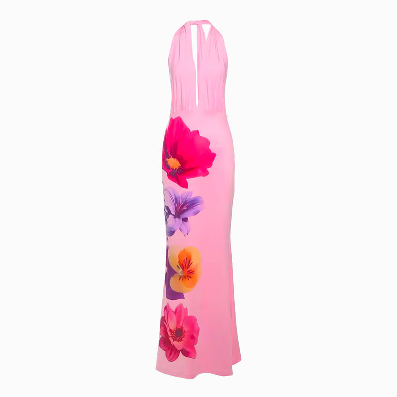 Pink V neck printed jersey dress
