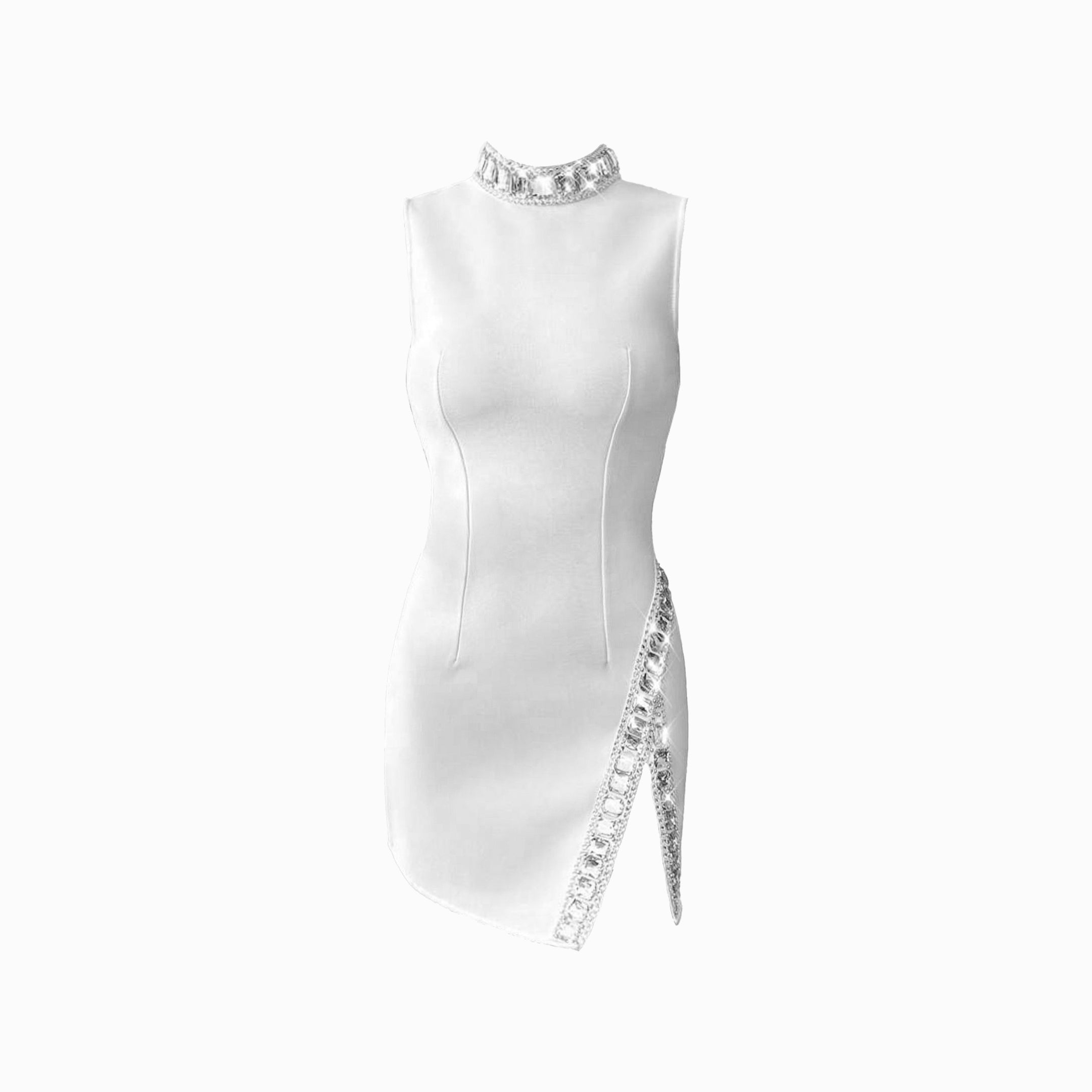 White high neck jewels mini dress