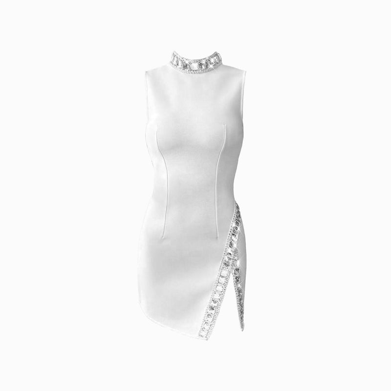 White high neck jewels mini dress