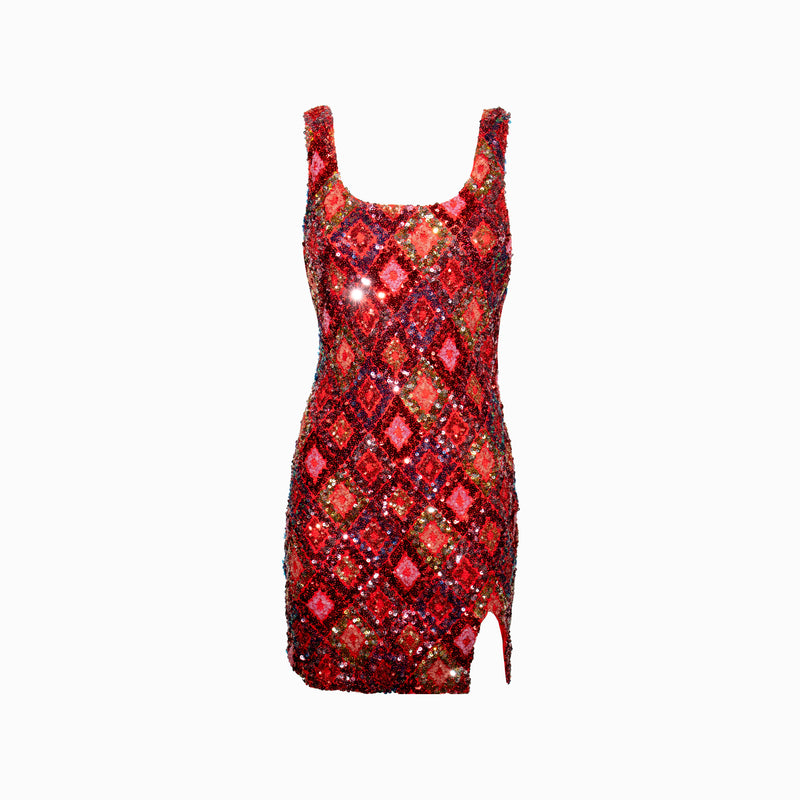 Red polygons sequins mini dress