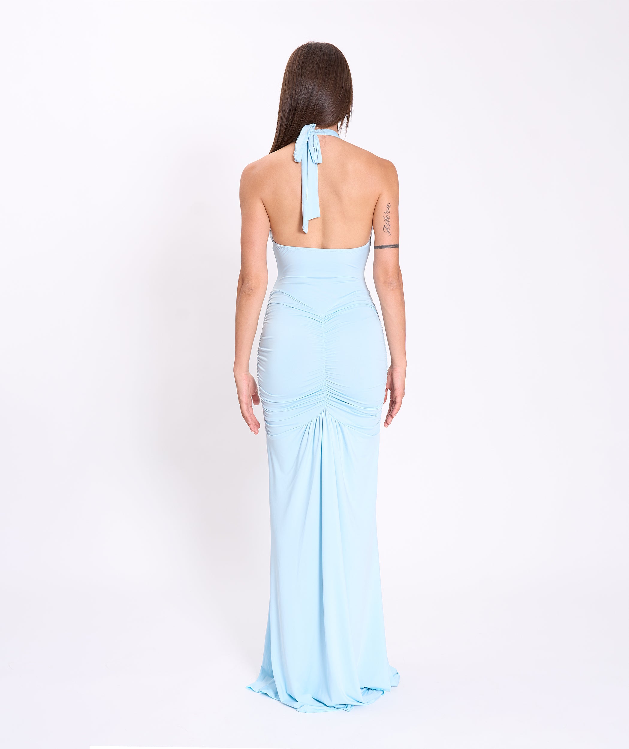 Light blue U deep neck jersey dress