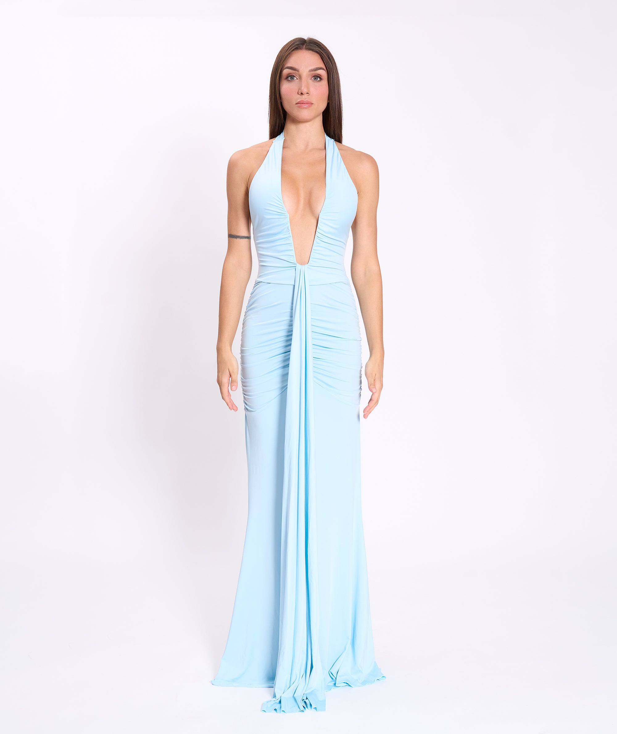 Light blue U deep neck jersey dress