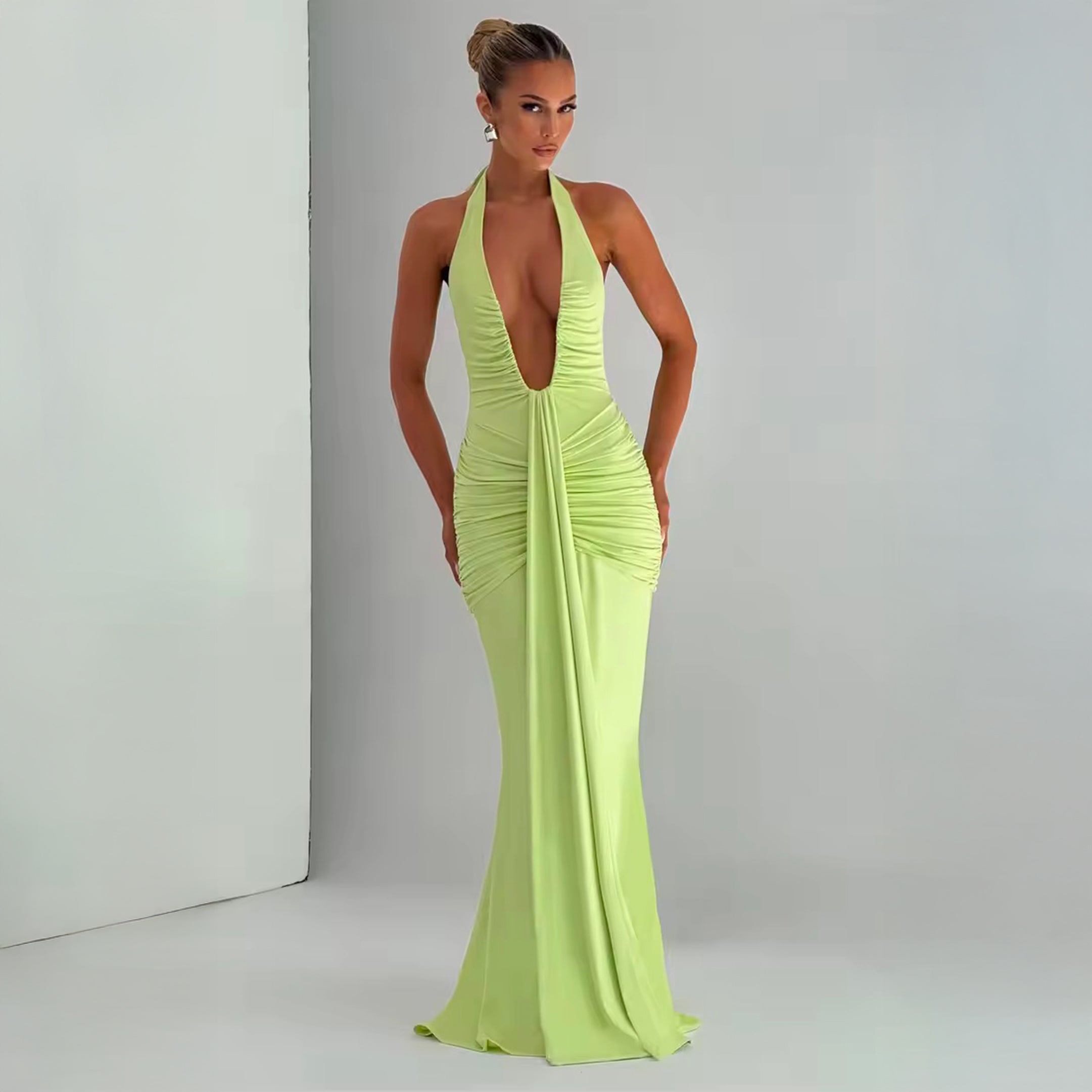 Acid green U deep neck jersey dress