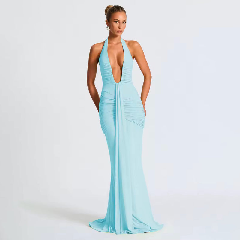 Light blue U deep neck jersey dress