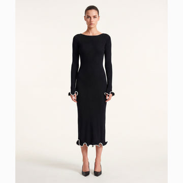 Abito midi nero con balze in jersey