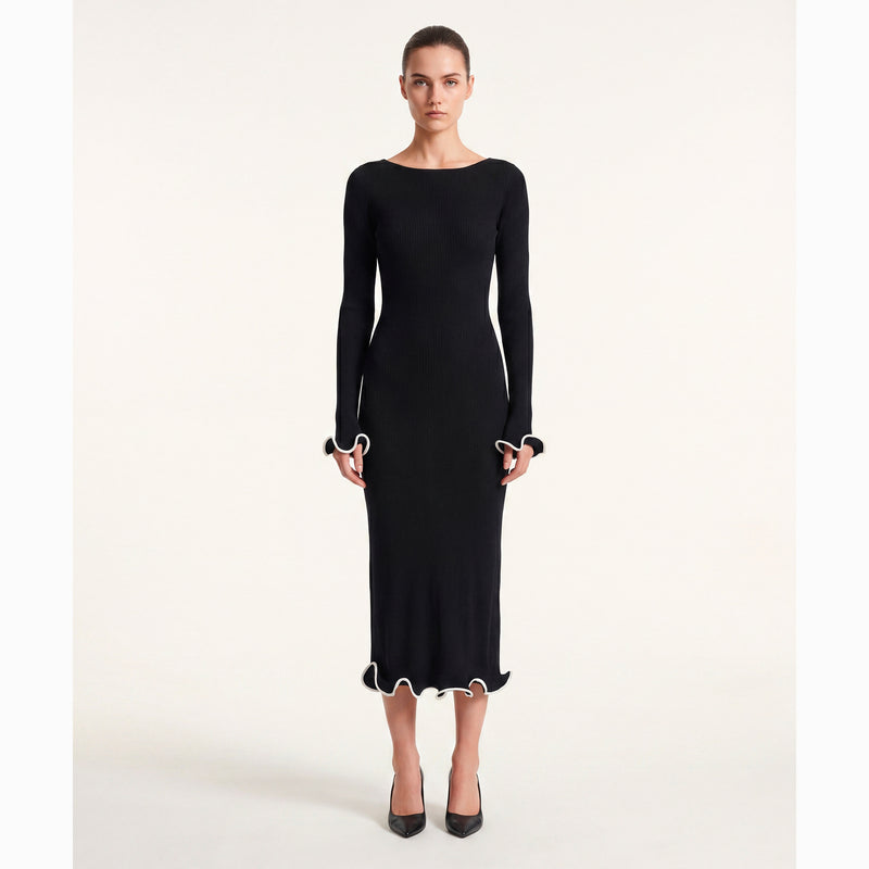 Abito midi nero con balze in jersey