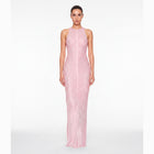 Abito lungo rosa drappeggiato con cristalli in mesh