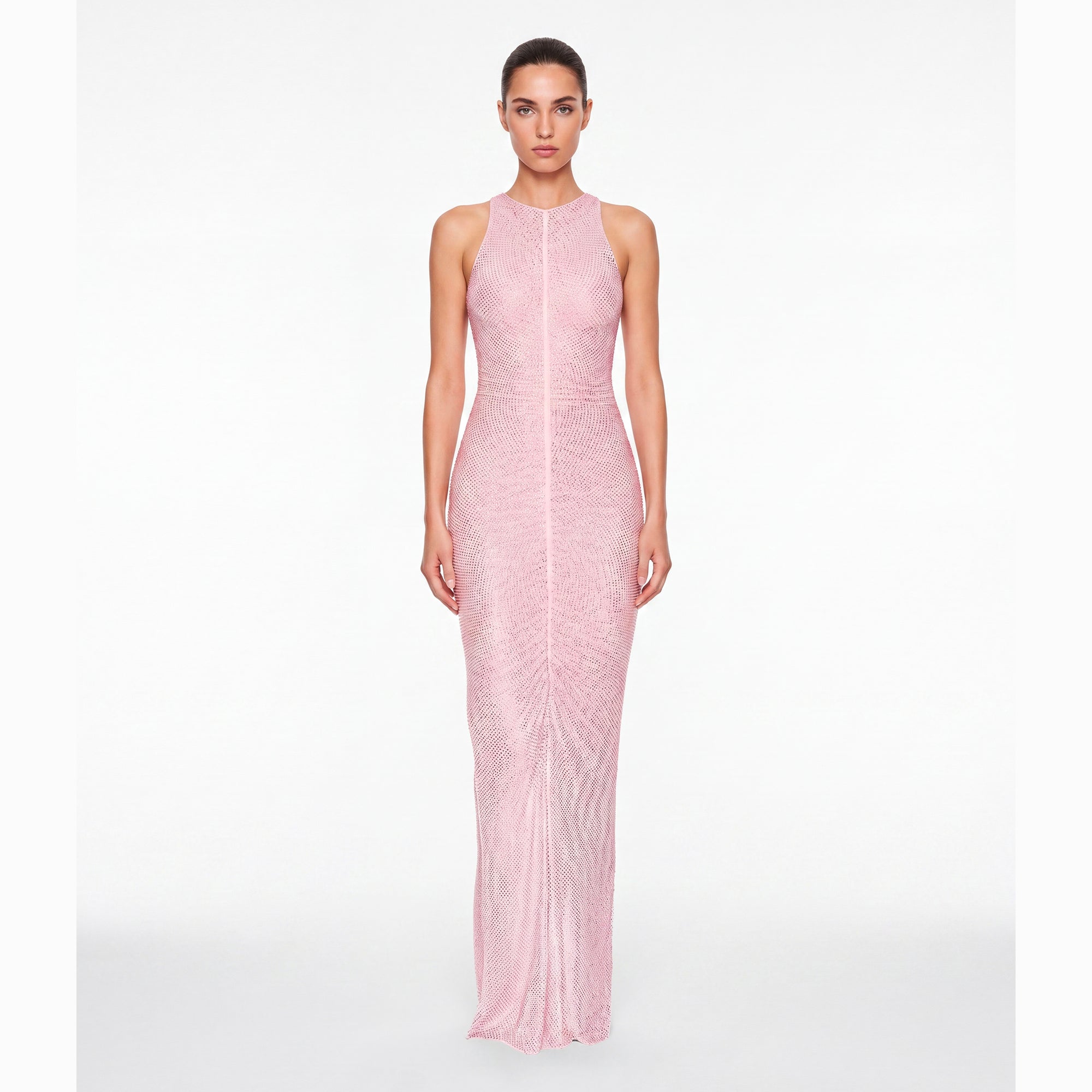 Abito lungo rosa drappeggiato con cristalli in mesh