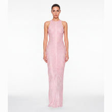 Abito lungo rosa drappeggiato con cristalli in mesh