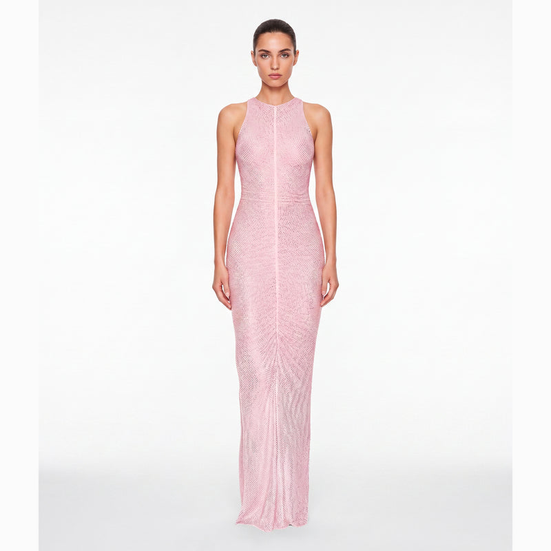 Abito lungo rosa drappeggiato con cristalli in mesh
