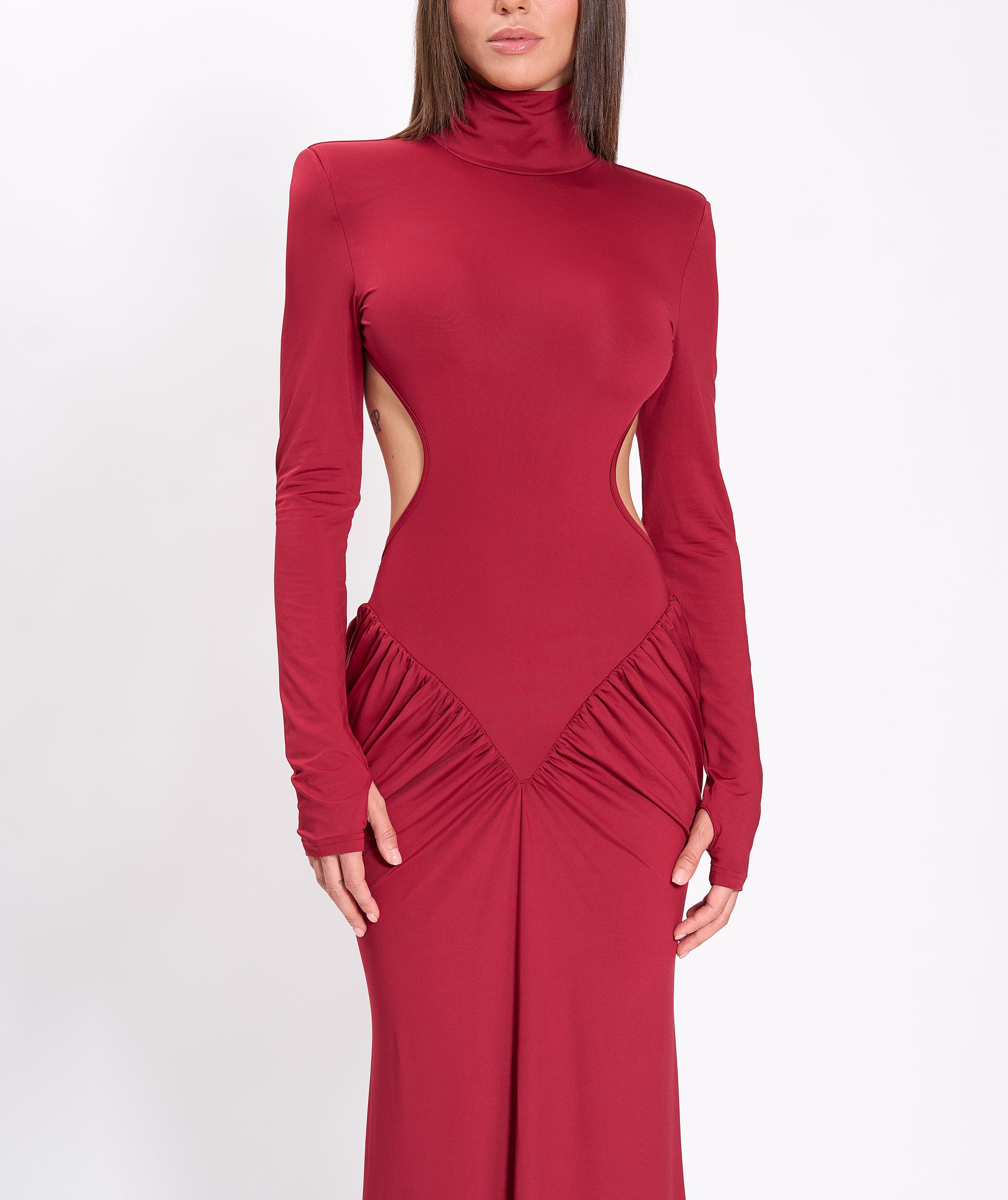 Burgundy jersey draped dress
