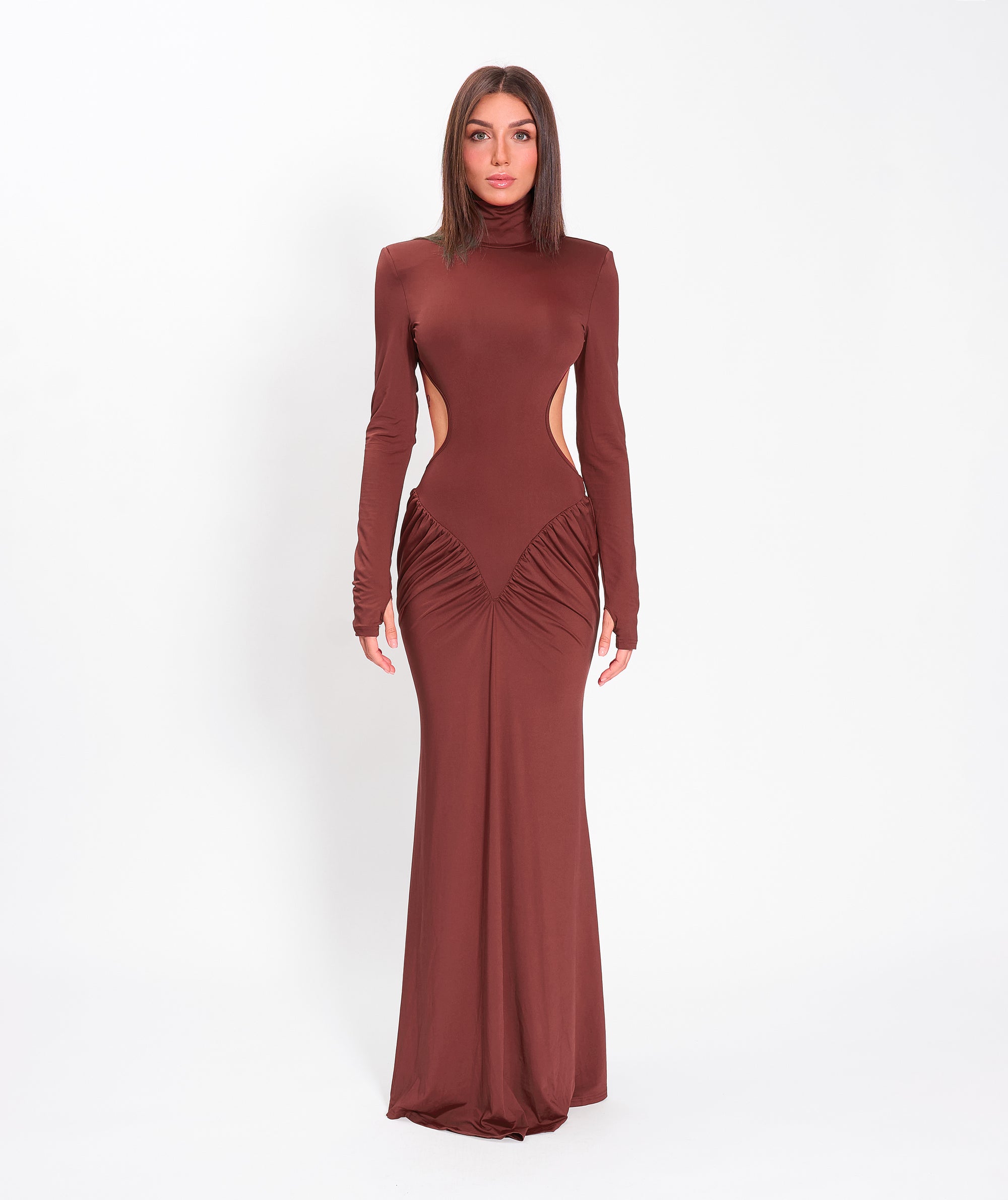 Brown jersey draped dress
