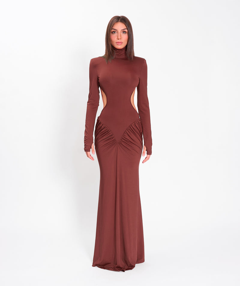 Brown jersey draped dress