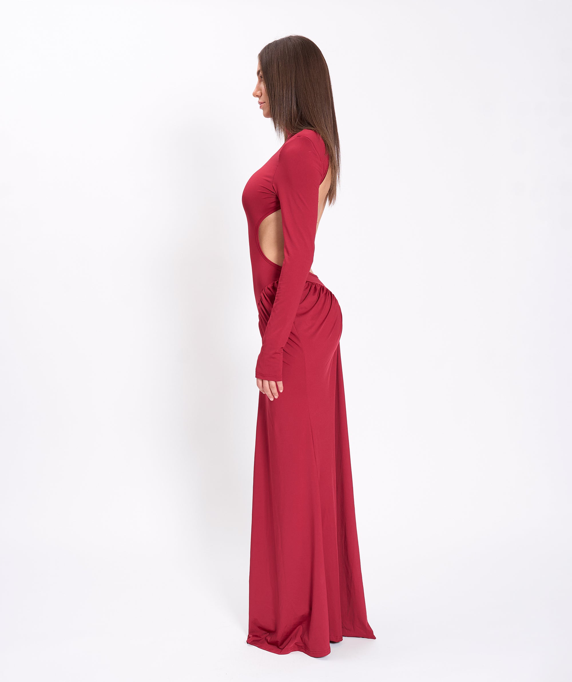 Burgundy jersey draped dress