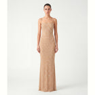 Abito lungo nude con cristalli e stringhe in mesh