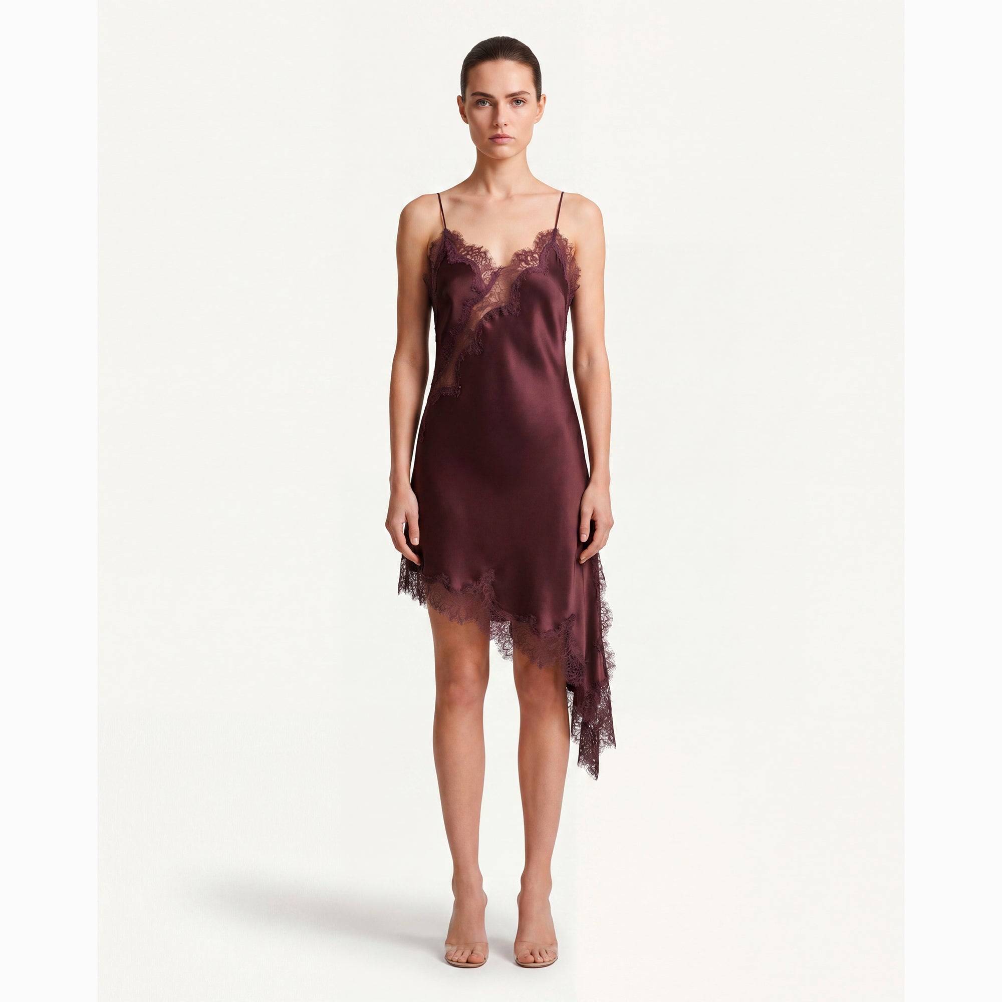 Mini abito lingerie marrone in pizzo e raso