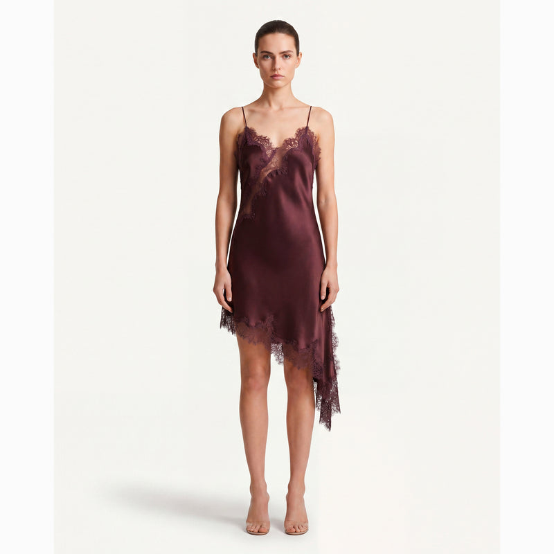 Mini abito lingerie marrone in pizzo e raso