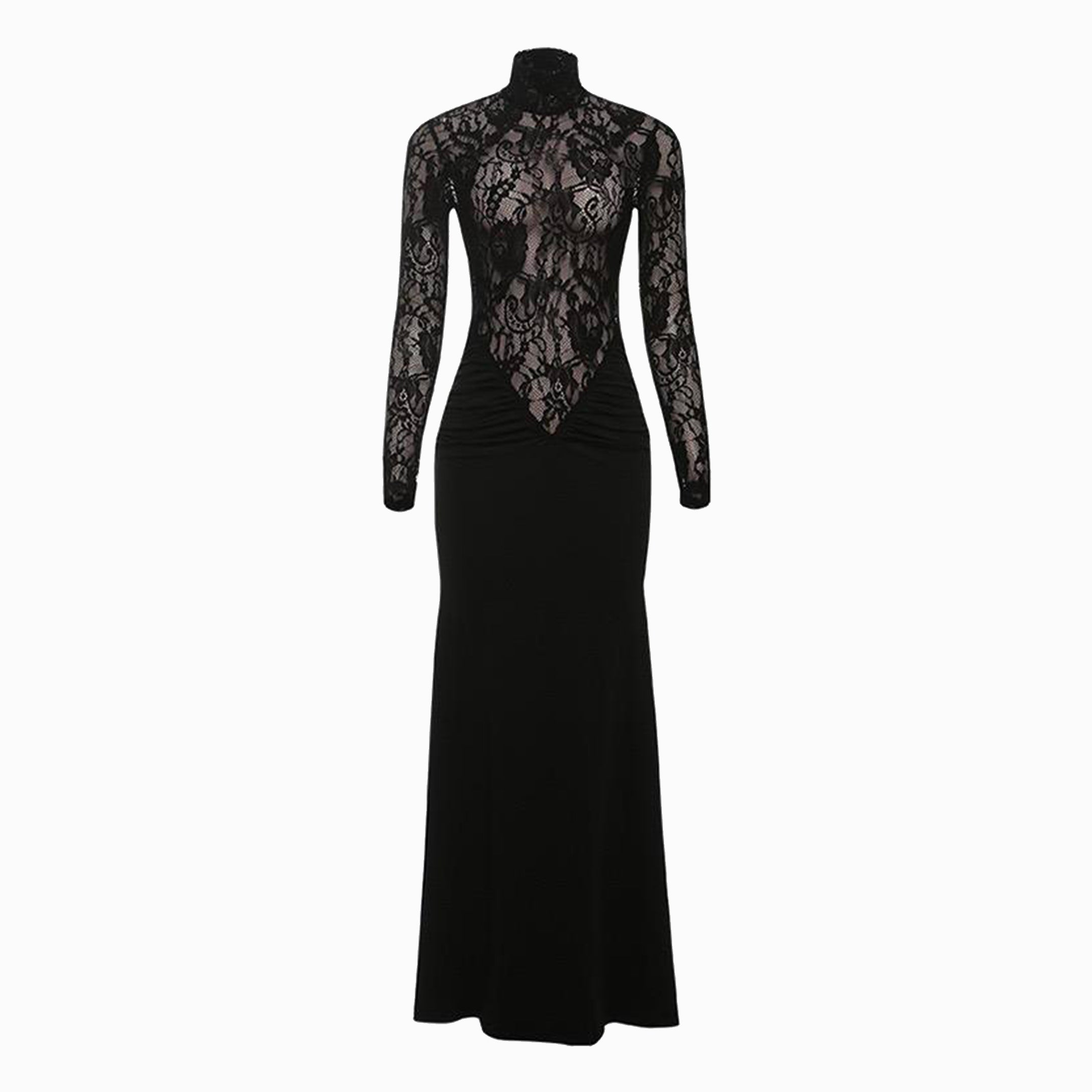 Black halter neck long sleeve lace dress