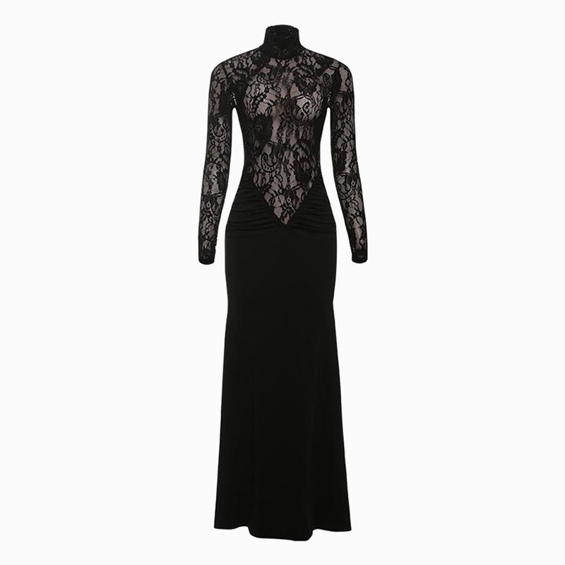 Black halter neck long sleeve lace dress