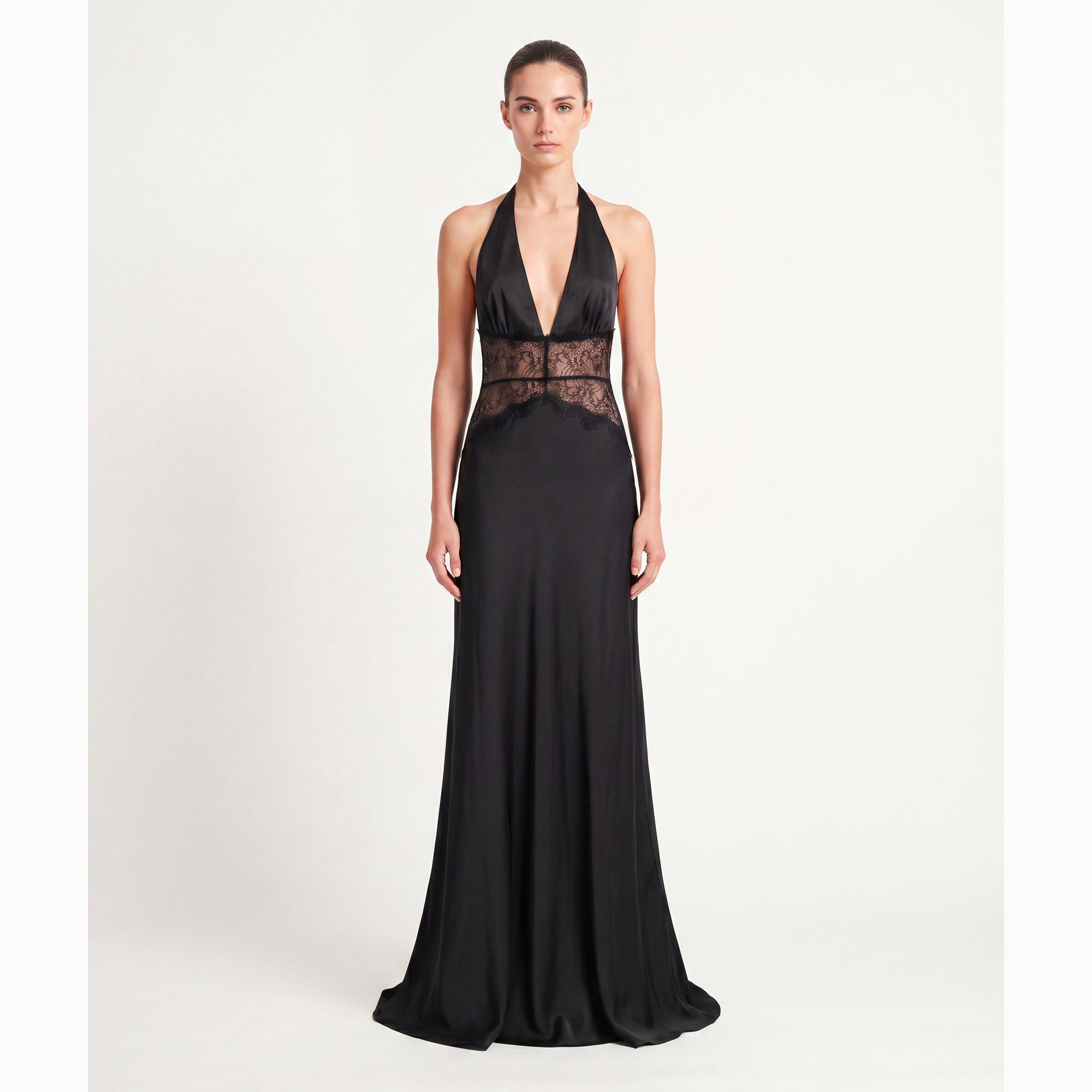 Abito lungo nero lingerie in raso di seta e pizzo