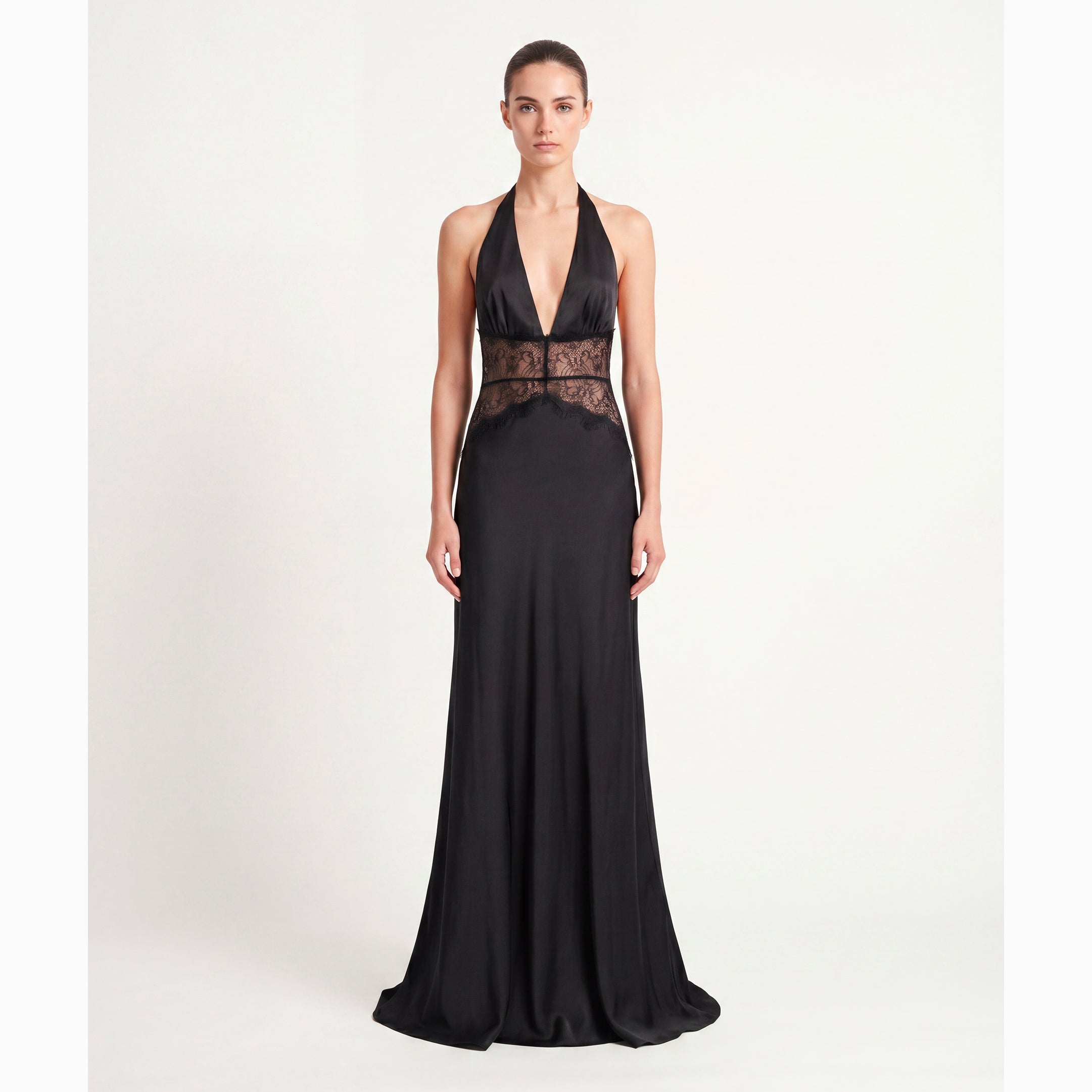 Abito lungo nero lingerie in raso di seta e pizzo