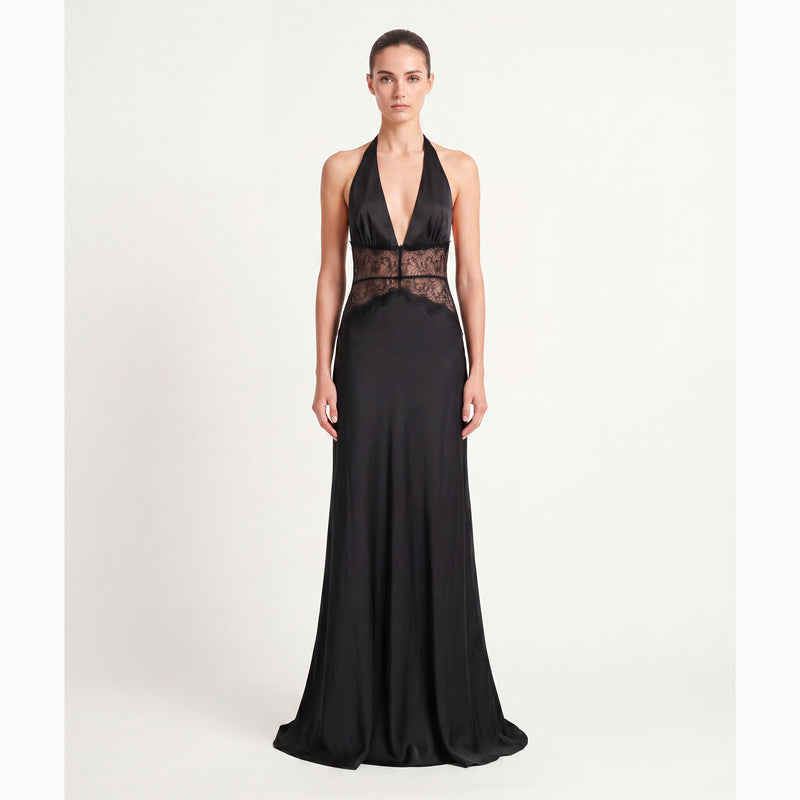 Black lace silk satin dress