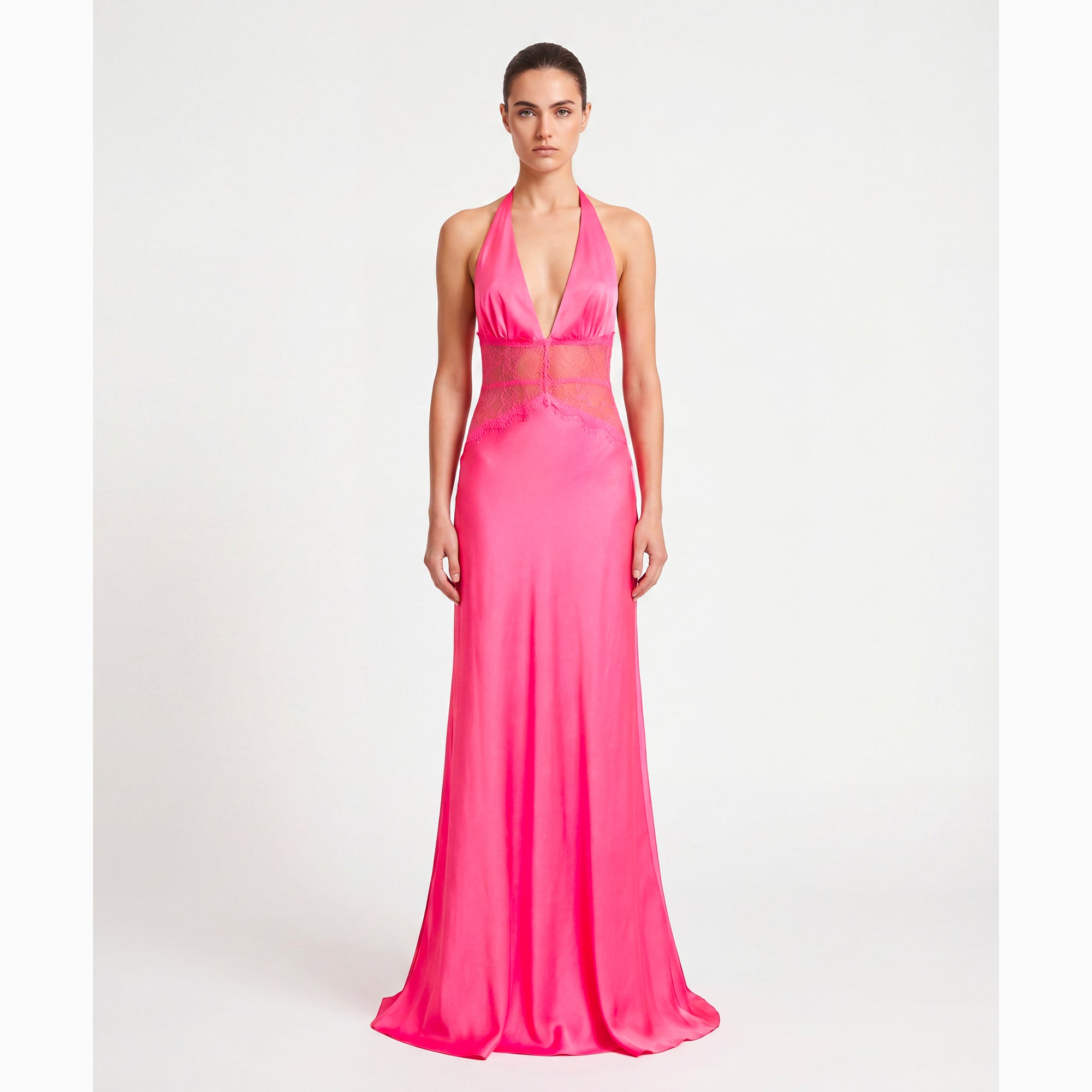 Abito lungo rosa lampone lingerie in raso di seta e pizzo