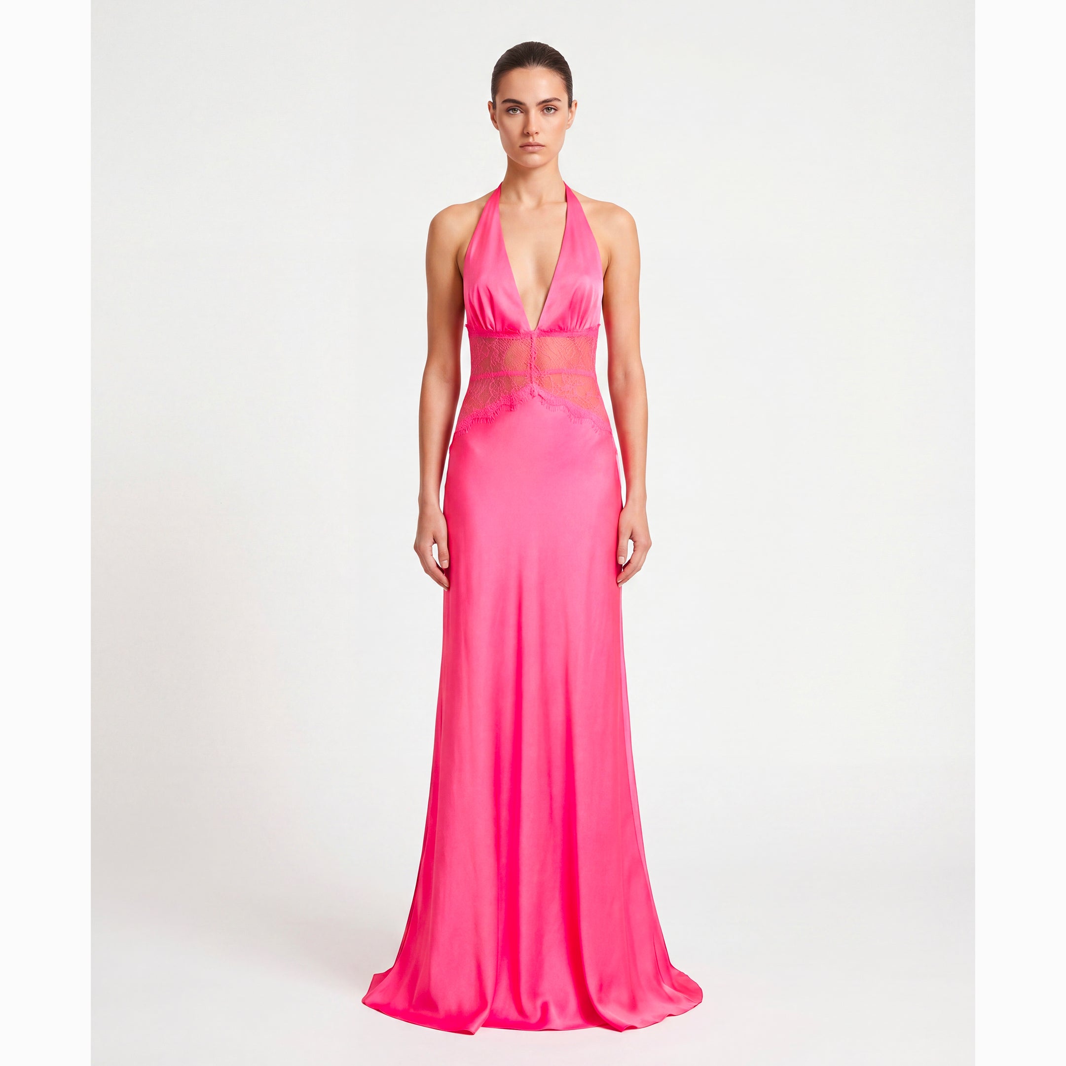 Abito lungo rosa lampone lingerie in raso di seta e pizzo