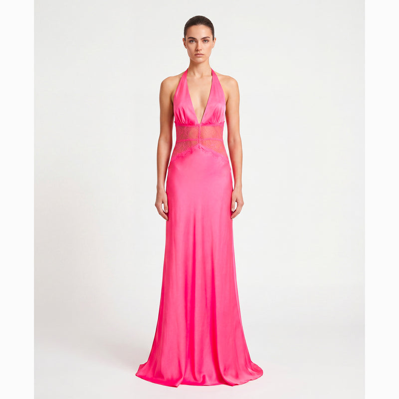 Abito lungo rosa lampone lingerie in raso di seta e pizzo