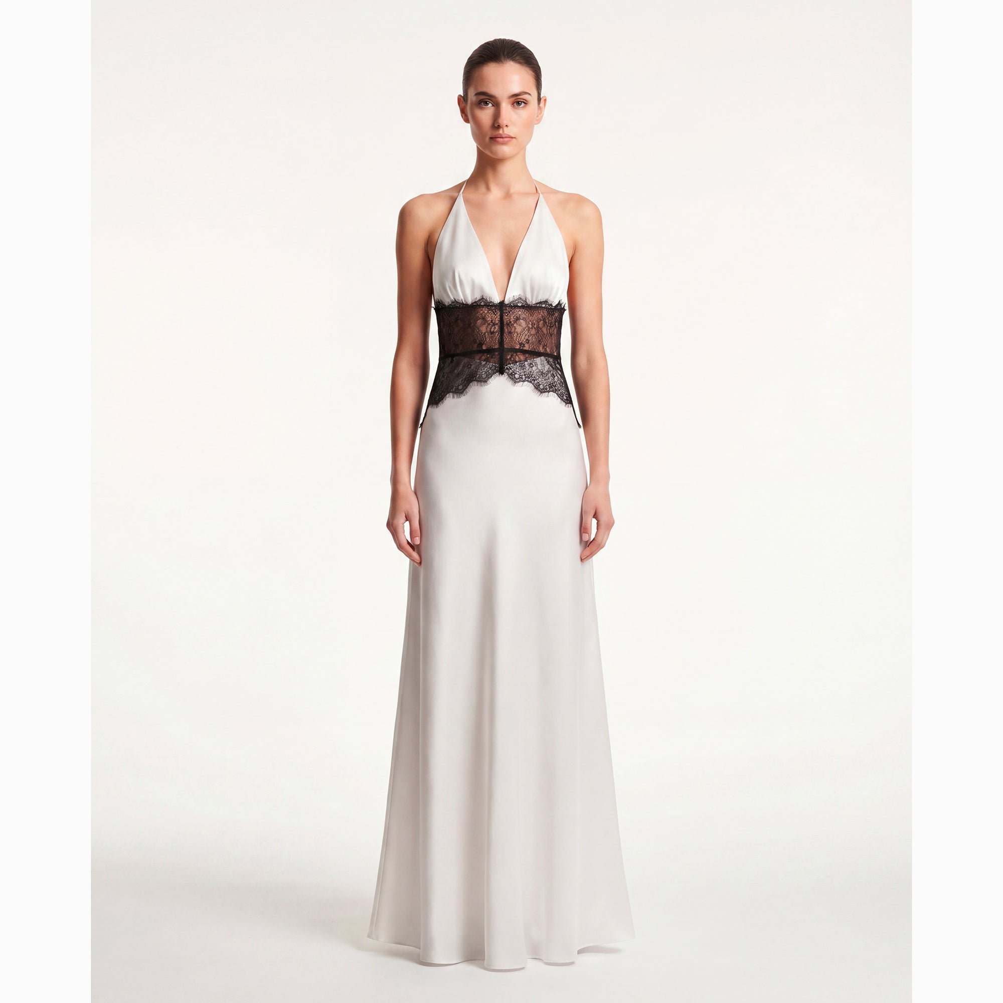 Abito lungo bianco lingerie in raso di seta e pizzo