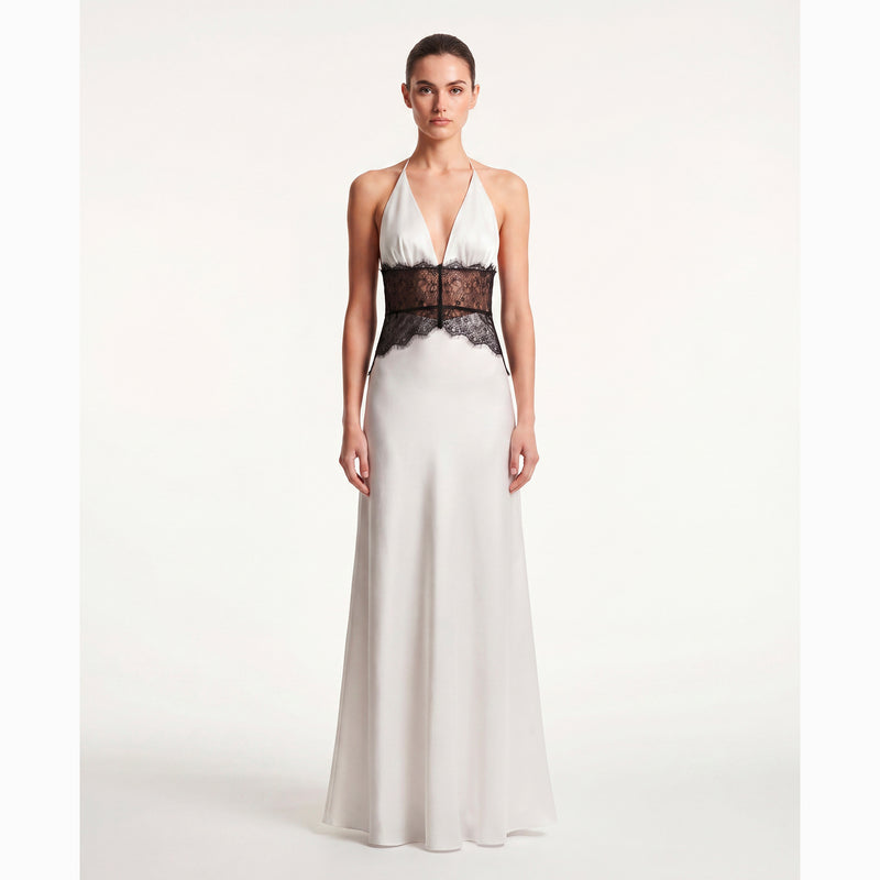 Abito lungo bianco lingerie in raso di seta e pizzo