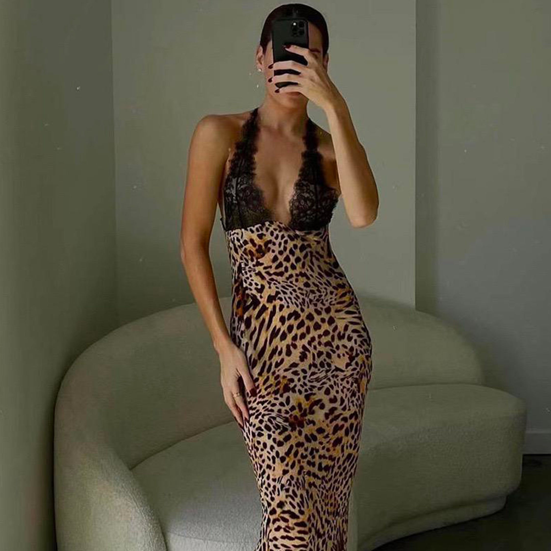 Leopard lace silk satin dress