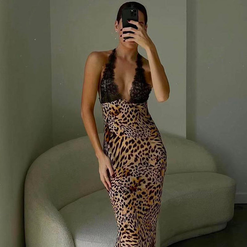 Leopard lace silk satin dress