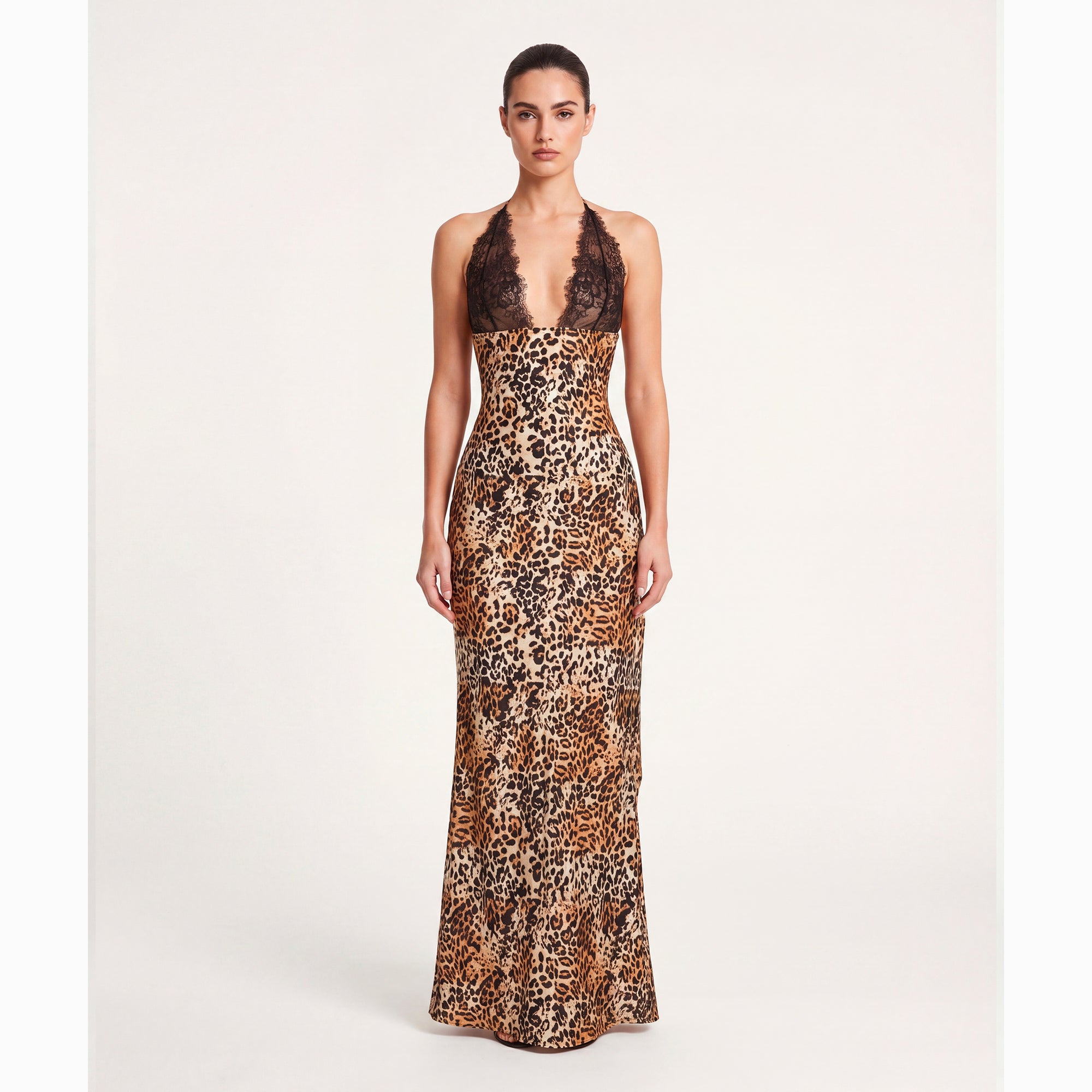 Abito lungo leopardato lingerie in jersey rasato e pizzo