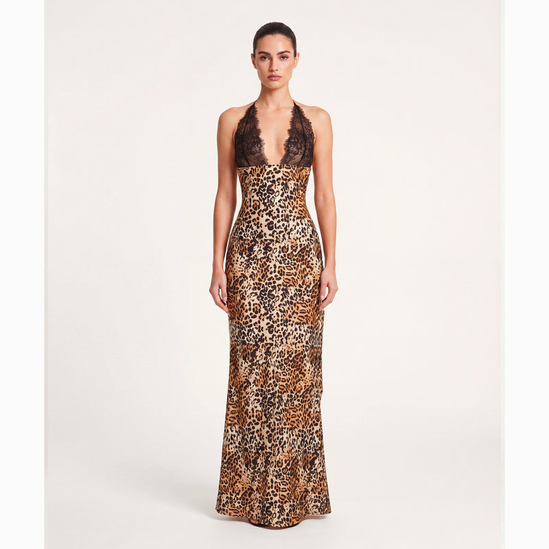 Abito lungo leopardato lingerie in jersey rasato e pizzo