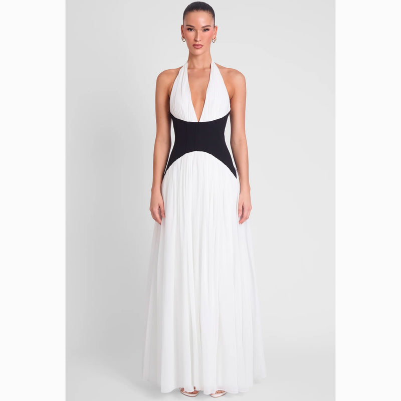 Abito lungo bianco con design a corsetto in mesh