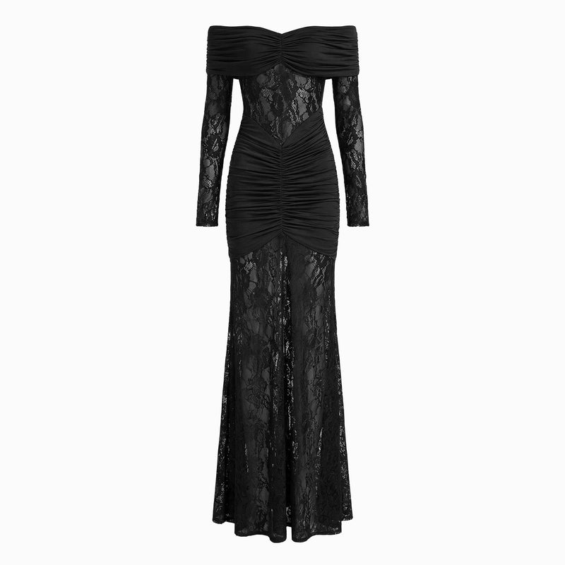 Abito lungo nero a fascia in pizzo con scollo a cuore