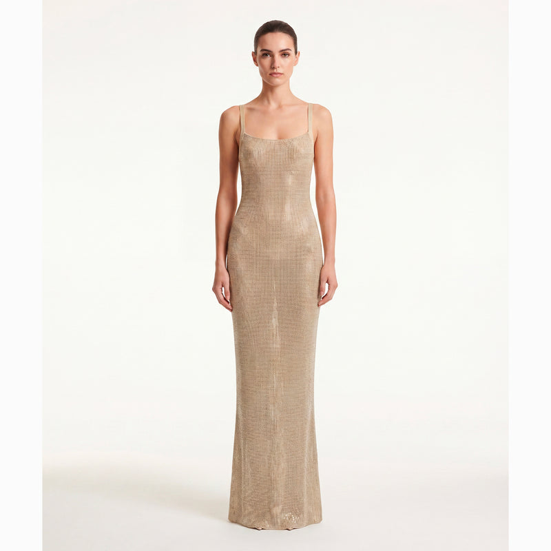 Abito lungo nude con cristalli in mesh